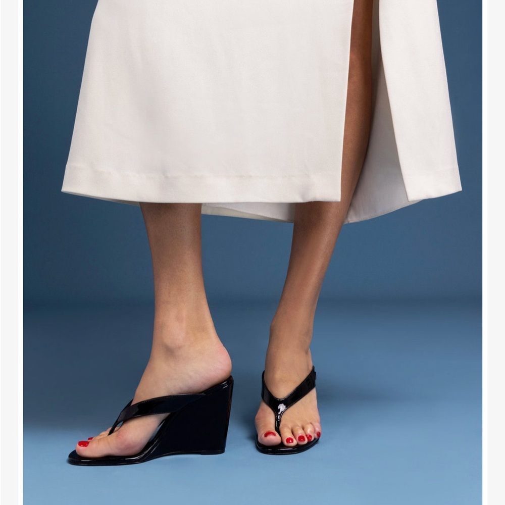 Larroude Black Patent Wedge Sandals